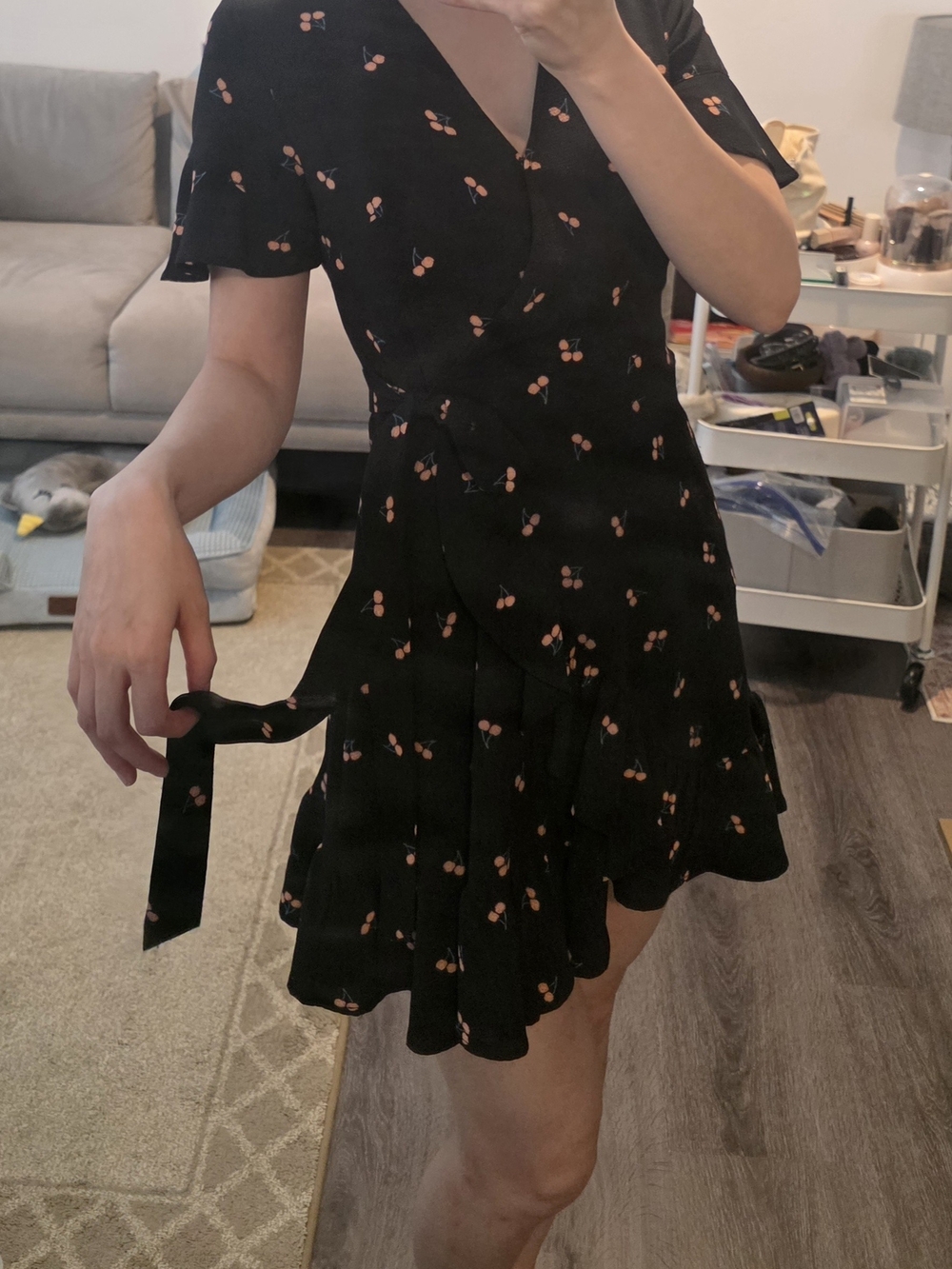 Xhilaration Black Mini Wrap Dress with Pink Cherry Print